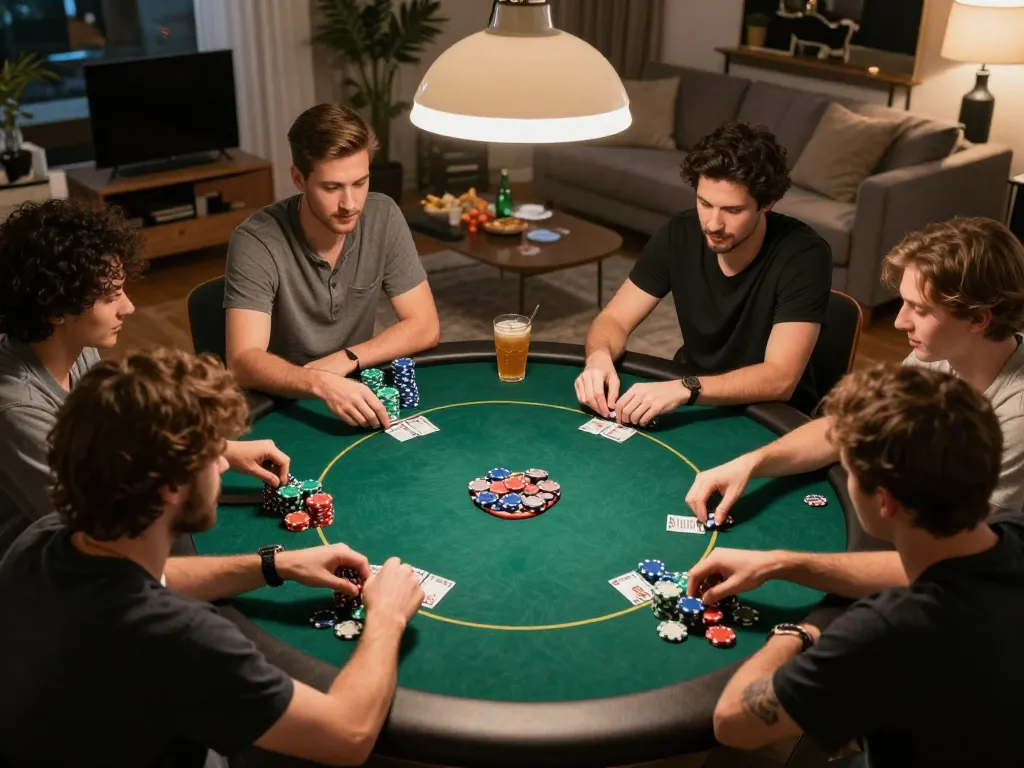 Friends enjoying an engaging TR88 poker night, featuring vibrant chips and cozy home atmosphere.