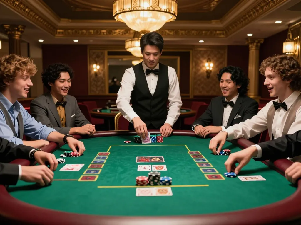 F168 poker game with players strategizing and a dealer shuffling cards in an upscale casino.