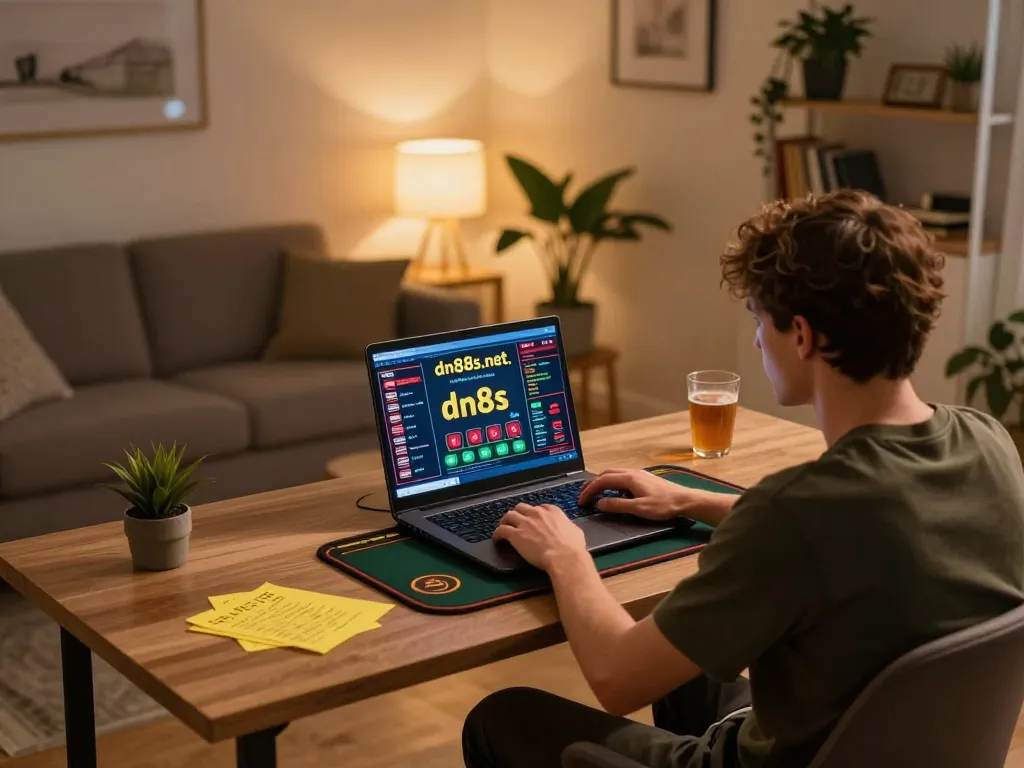 Engaged player navigating online casino at https://dn88s.net/, showcasing strategic betting notes.