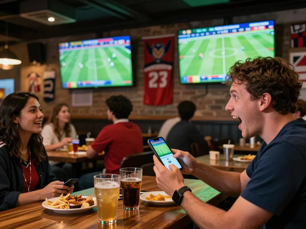 Kèo nhà cái users placing bets while enjoying a live football match in a vibrant sports bar.