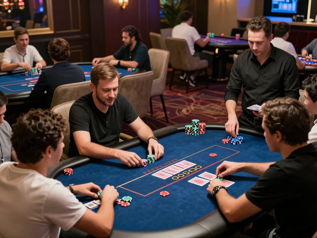 23Win players engaged in thrilling poker games in a vibrant casino setting.
