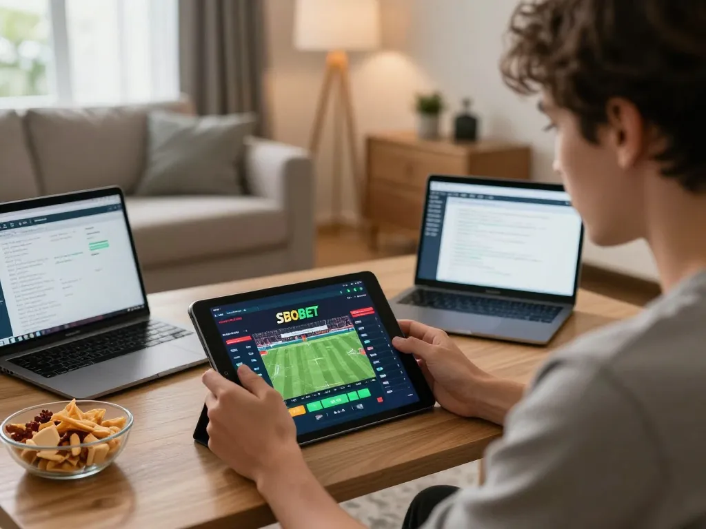 Sesi permainan SBOBET mobile di rumah dengan pemain menganalisis taruhan di tablet dan laptop.