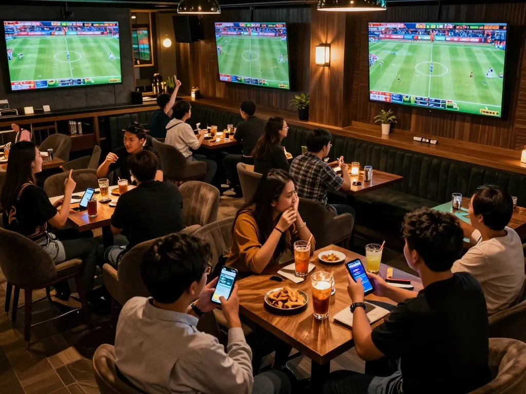 Experience the excitement of KP88 GAME with live sports betting at a social bar, cheering fans and stunning screens