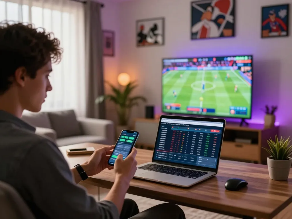 Sophisticated sports betting experience with modern setup analyzing soi keo nha cai odds at home.