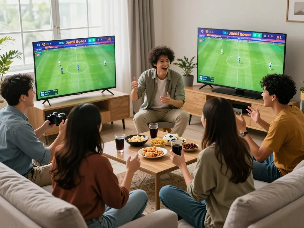Excited friends enjoying Judi Bola football betting in a cozy living room.