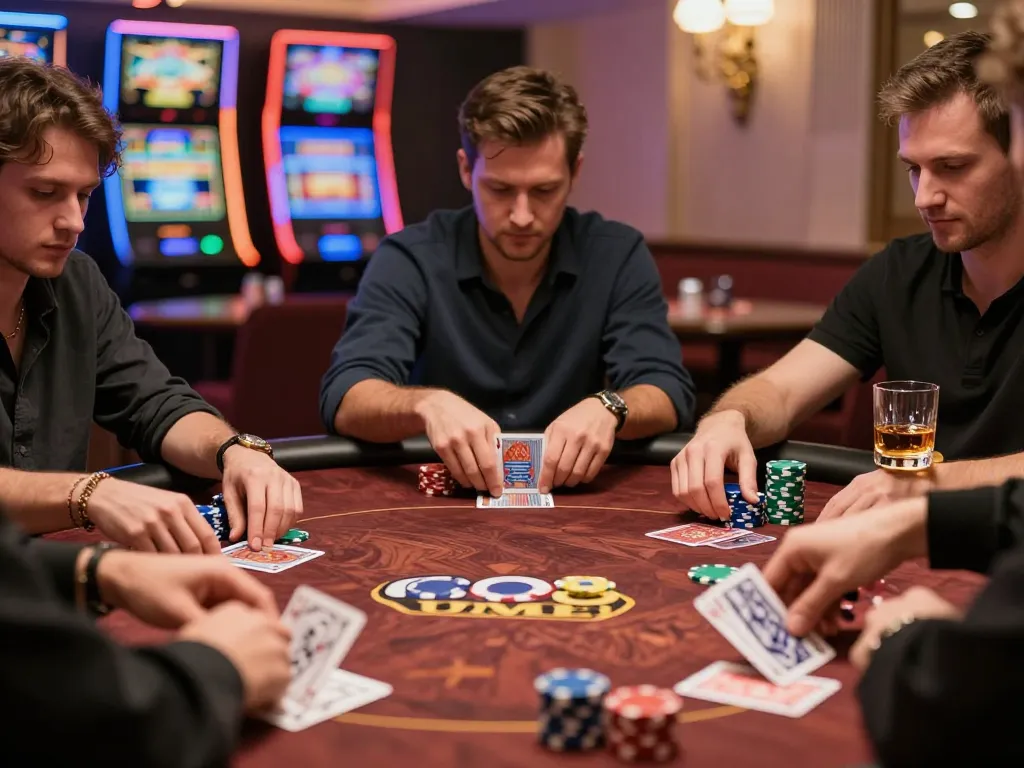 Engaging poker action at casino go8, players focused on their hands and chips.
