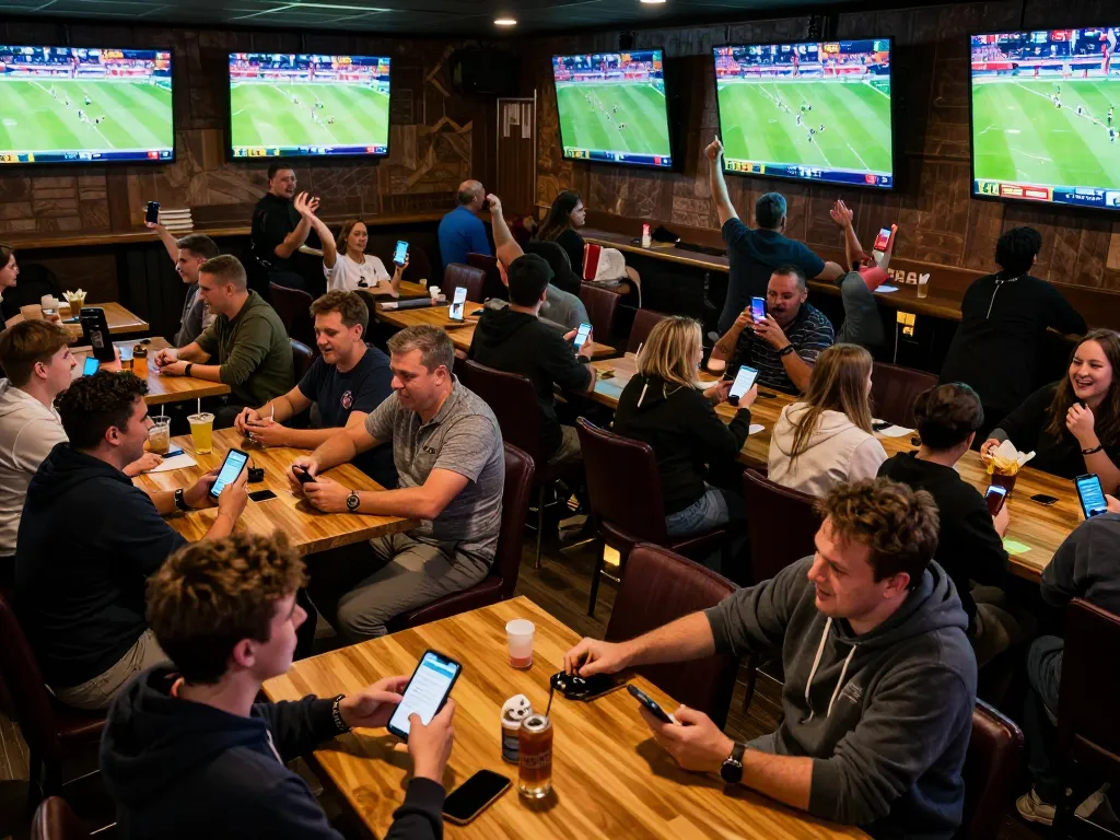 Engaged patrons placing live bets on sports events in a lively sports bar, showcasing kèo nhà cái trực tiếp and excitement.