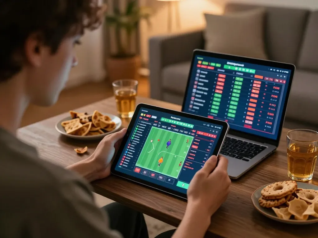 Engaging in live betting on tx88 using a tablet amidst a cozy home atmosphere.
