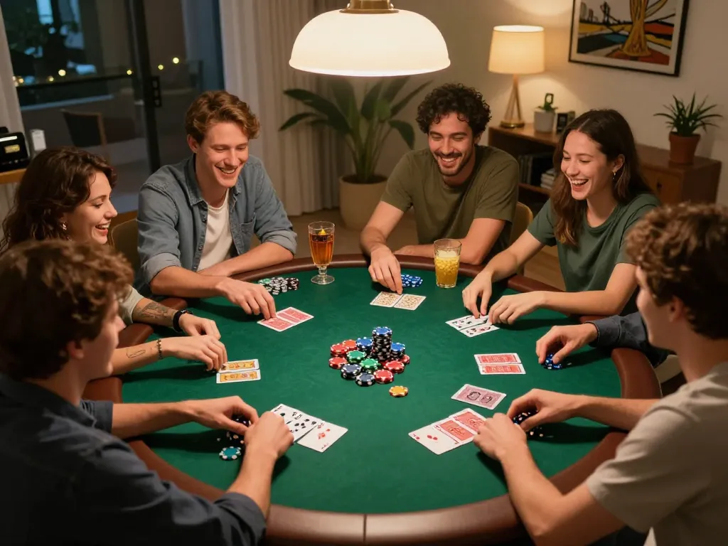 MAY88 poker game night with friends enjoying a vibrant atmosphere and colorful chips