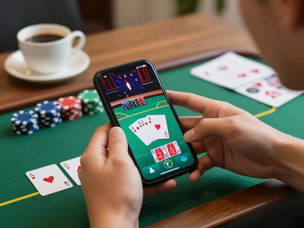 Engaged user playing tip88 poker on smartphone with vibrant graphics, emphasizing strategic gaming.