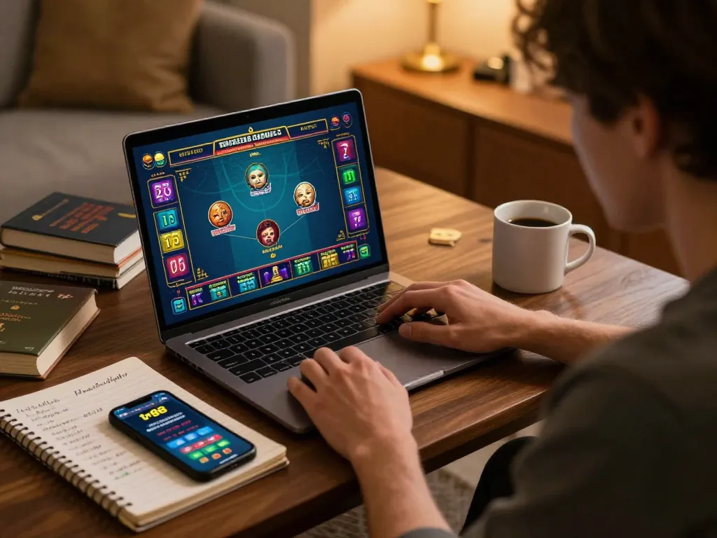 Engaging with tr88 casino app on laptop, showcasing responsible online gambling strategy