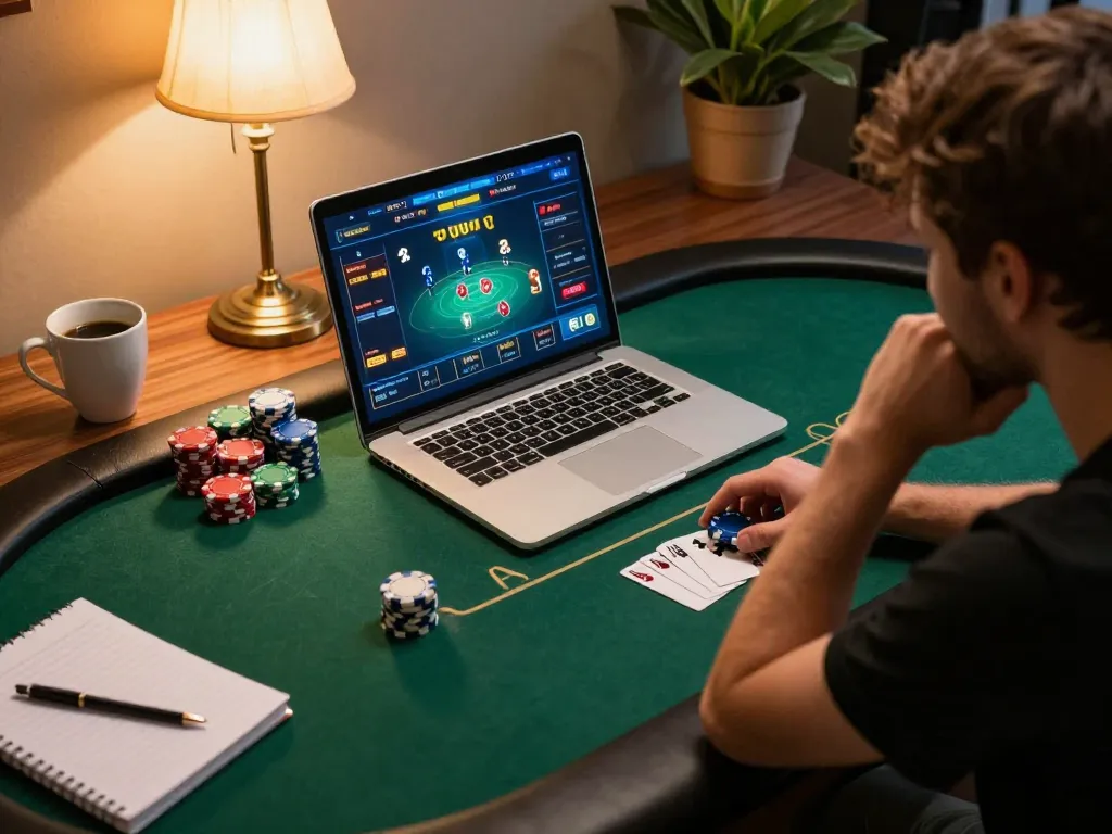 Player analyzing their strategy in an online poker game at ee88go, surrounded by notes and coffee.