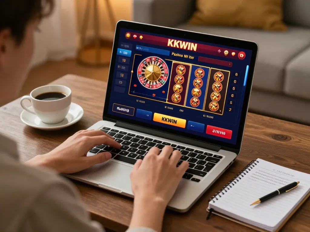 An engaged player exploring kkwin's online casino interface at home, showcasing comfortable gaming experience.