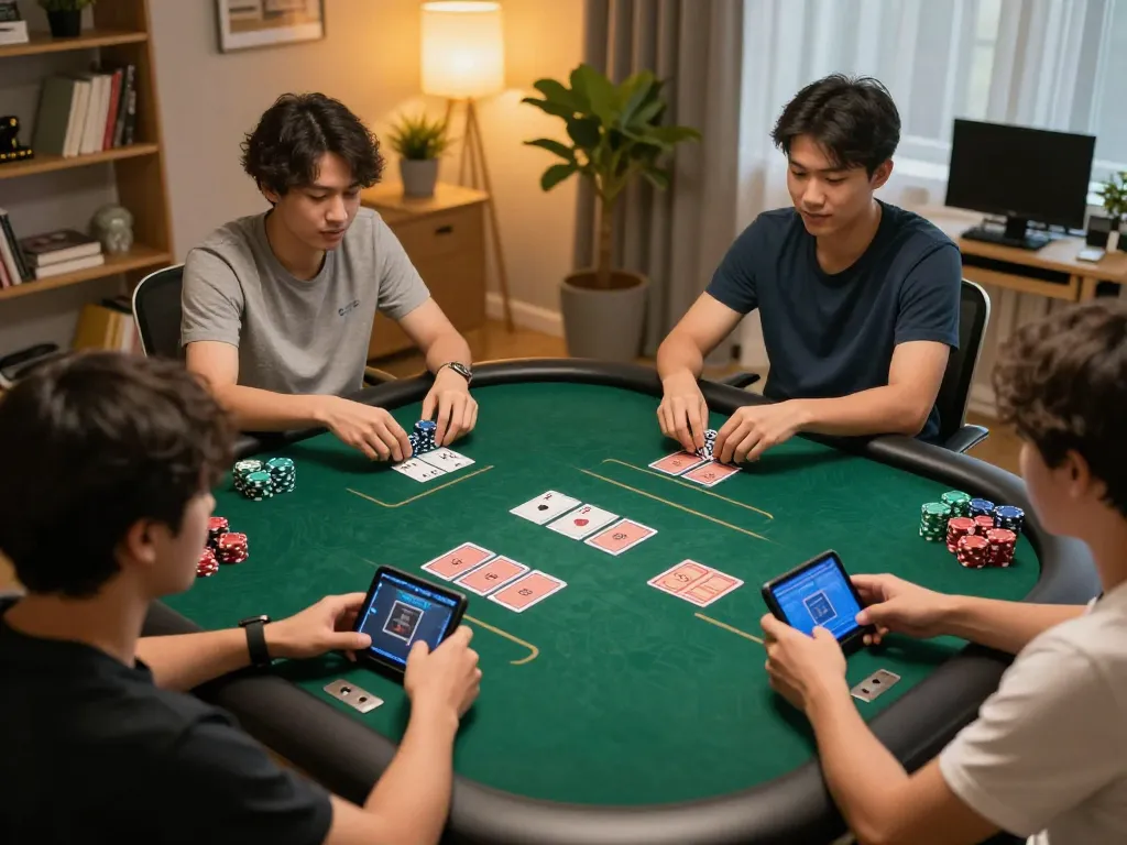 HELLO88 players engaging in a lively online poker game, showcasing strategy and excitement in a cozy home setting.