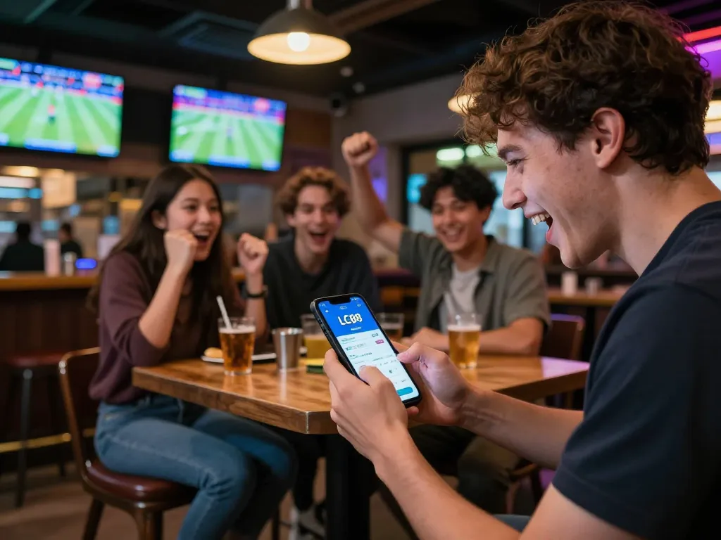 Engaging sports betting experience on LC88 mobile app in a vibrant bar atmosphere.