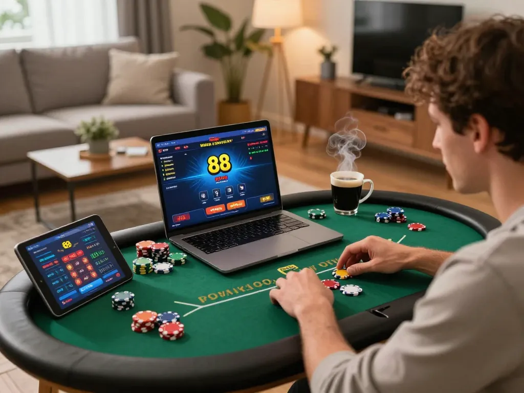 Player engaging with one88 poker game on laptop in a cozy home setting, focusing on strategy and betting.