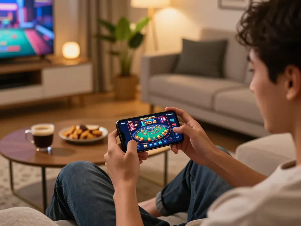 Engaging with the 98win app for online gaming on a smartphone in a cozy home setting.