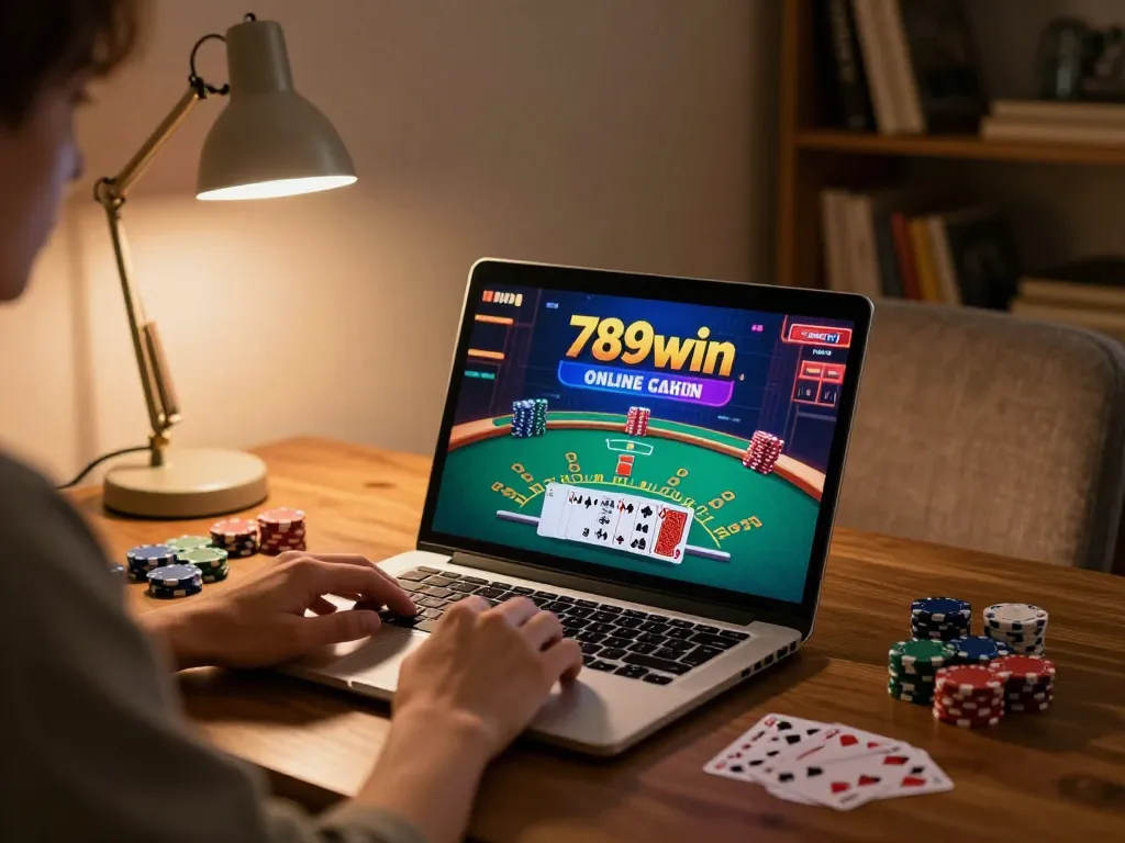 Engaged player enjoying blackjack at 789win online casino on laptop at home