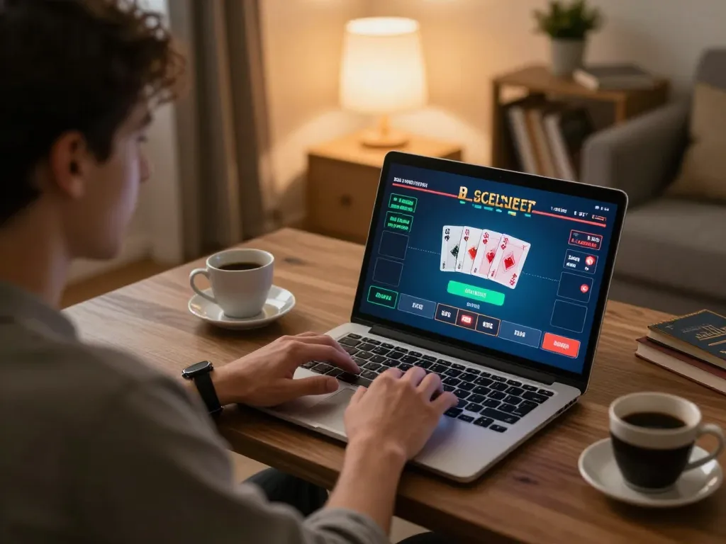 Playing poker online with lc888 on a laptop in a cozy living room setting