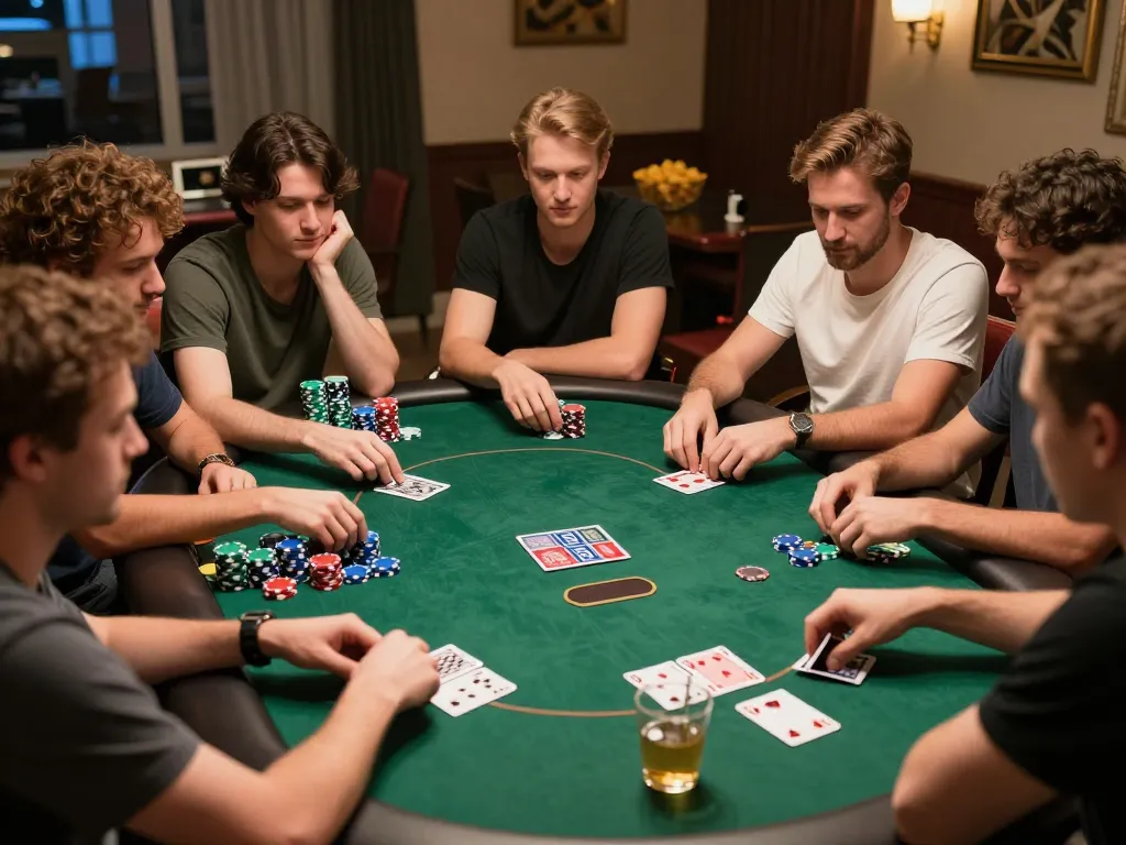 Kkwin players enjoying an exciting home poker night with colorful chips and cards on the table.
