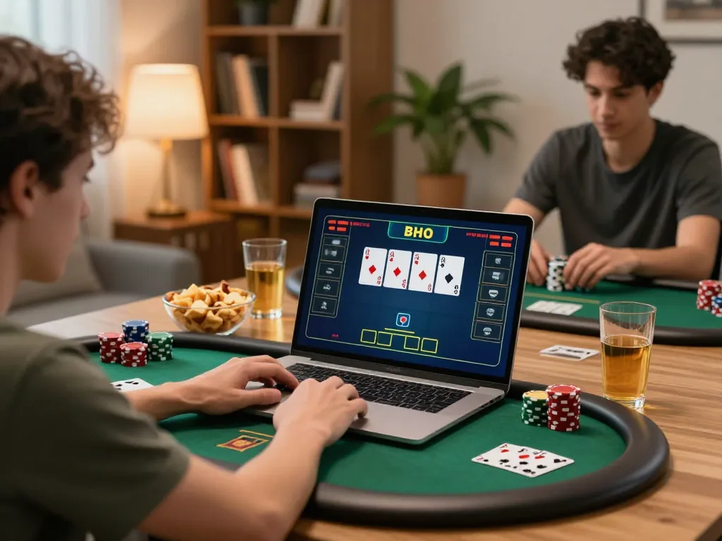 Players enjoying an LC88 online poker game on laptop with a cozy ambiance.