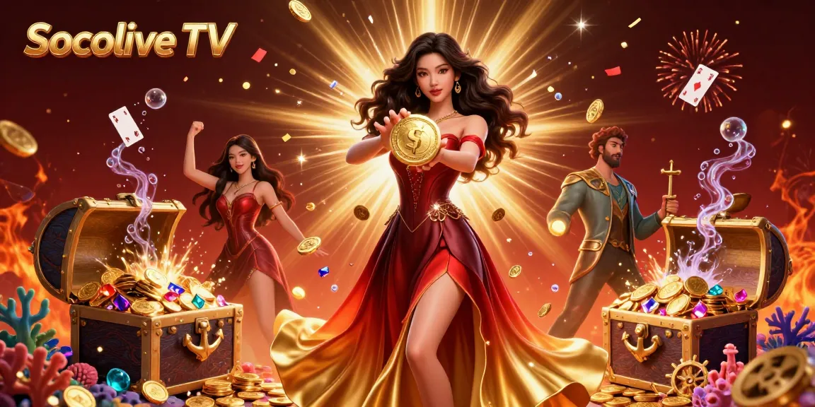 Socolive TV showcases a stunning Asian woman with a golden coin, celebrating big wins in a vibrant casino scene filled with treasure and excitement.