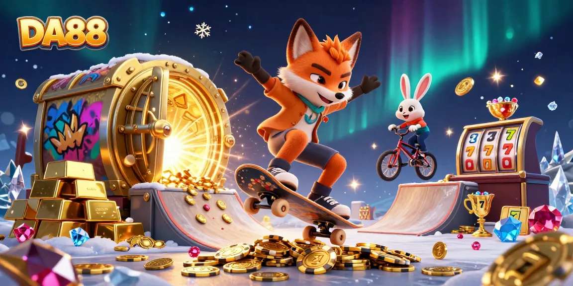 Unleash thrilling DA88 slots action with a fox and rabbit surrounded by gold and gems.