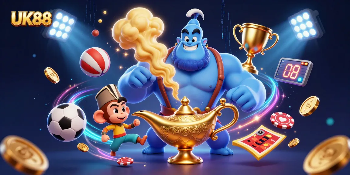 Experience the thrill of UK88 with a vibrant 3D casino scene featuring a genie, monkey, and sports elements.