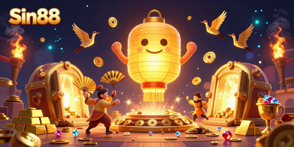Experience Sin88's vibrant casino scene filled with golden treasures and captivating characters.