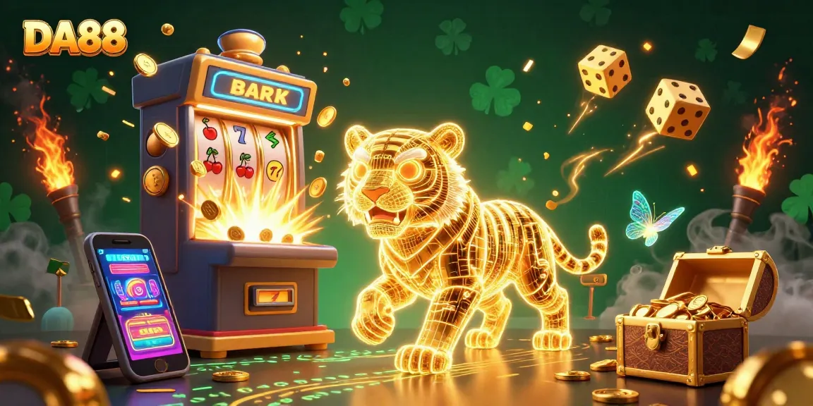 Experience the vibrant excitement of DA88 in this 3D casino scene with a golden tiger and jackpot symbols.