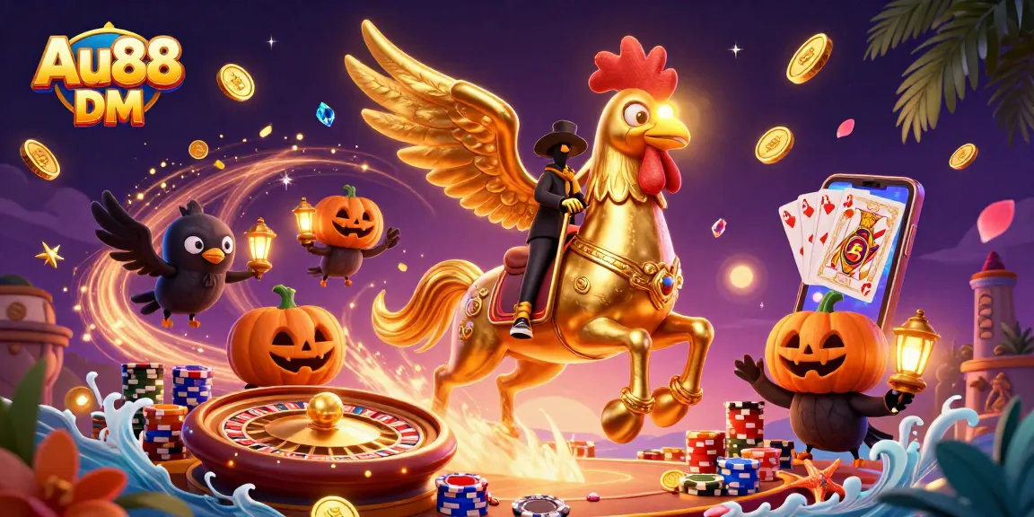 Experience winning thrills at Au88 DM in this lively casino illustration with gold coins and exciting games.