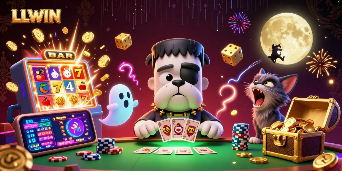 LLWIN gambling scene featuring a Frankenstein bulldog dealing cards at a neon-lit table amid a jackpot explosion.