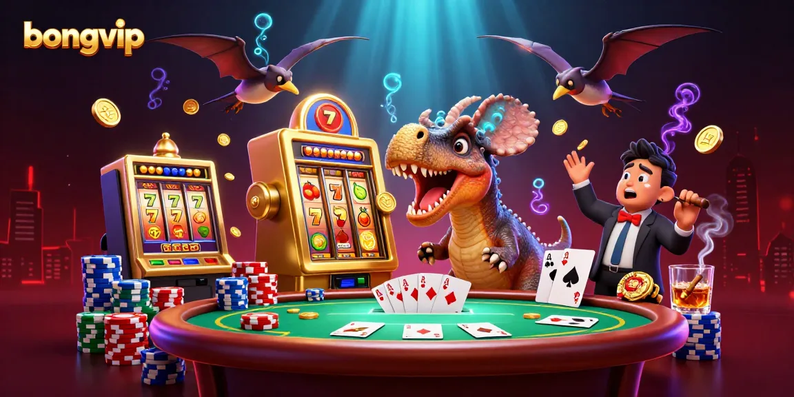 Bongvip showcases an exciting illustration with a dinosaur and slot machine, symbolizing the thrill of online gaming.