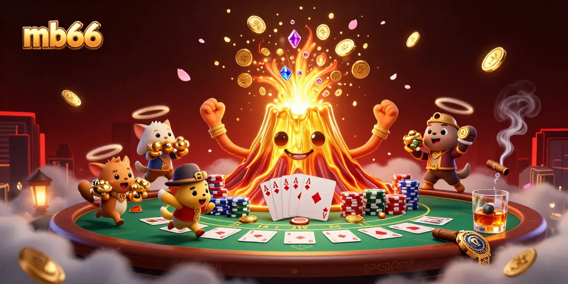 Experience thrilling gameplay at mb66 with a golden volcano erupting treasure amid poker action.