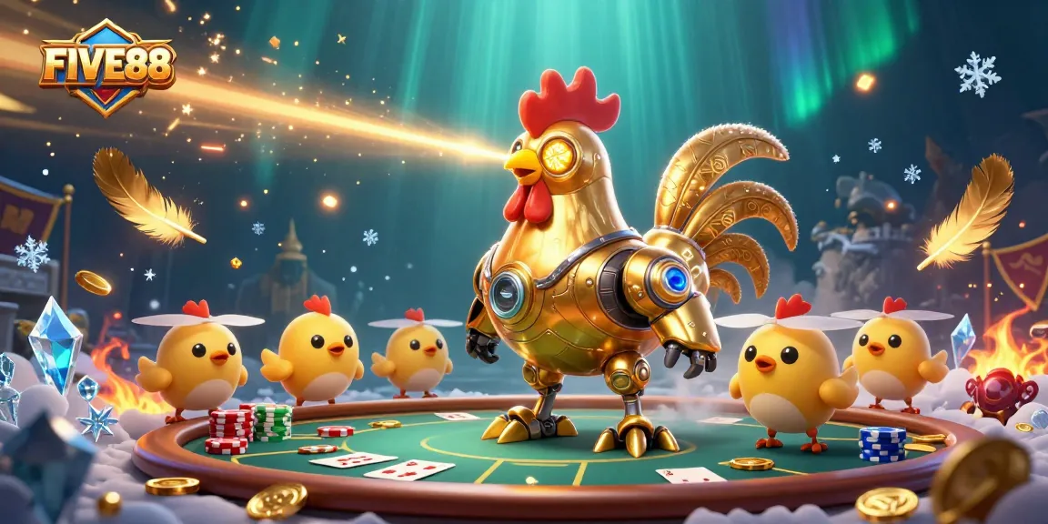Experience the thrill of betting with FIVE88 at a vibrant poker scene featuring golden robot characters.