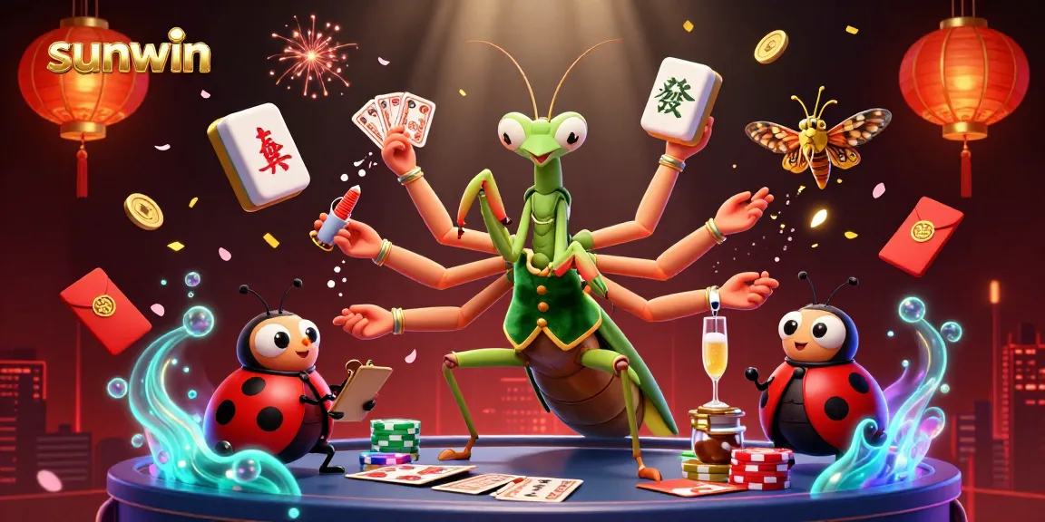 Experience sunwin's thrilling gaming scene with vibrant characters, dynamic casino elements, and festive decorations.