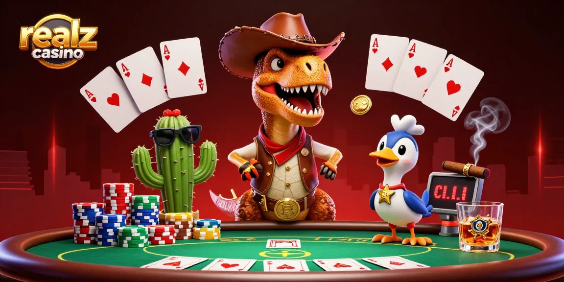 Engage in winning strategies at realz casino with a lively poker scene featuring colorful chips and characters.