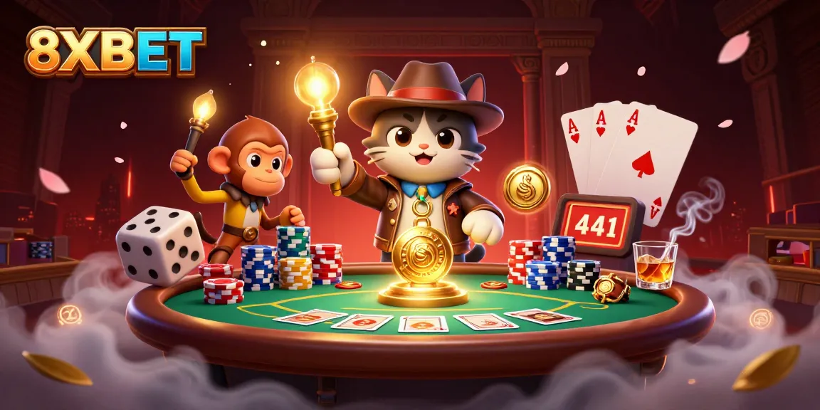 Engage with 8XBET’s thrilling atmosphere, featuring cats and artifacts in a vibrant casino illustration.