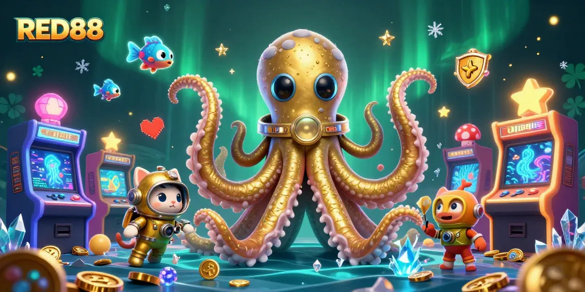 Play exciting games at RED88 with a treasure-filled ocean scene featuring colorful arcade elements.