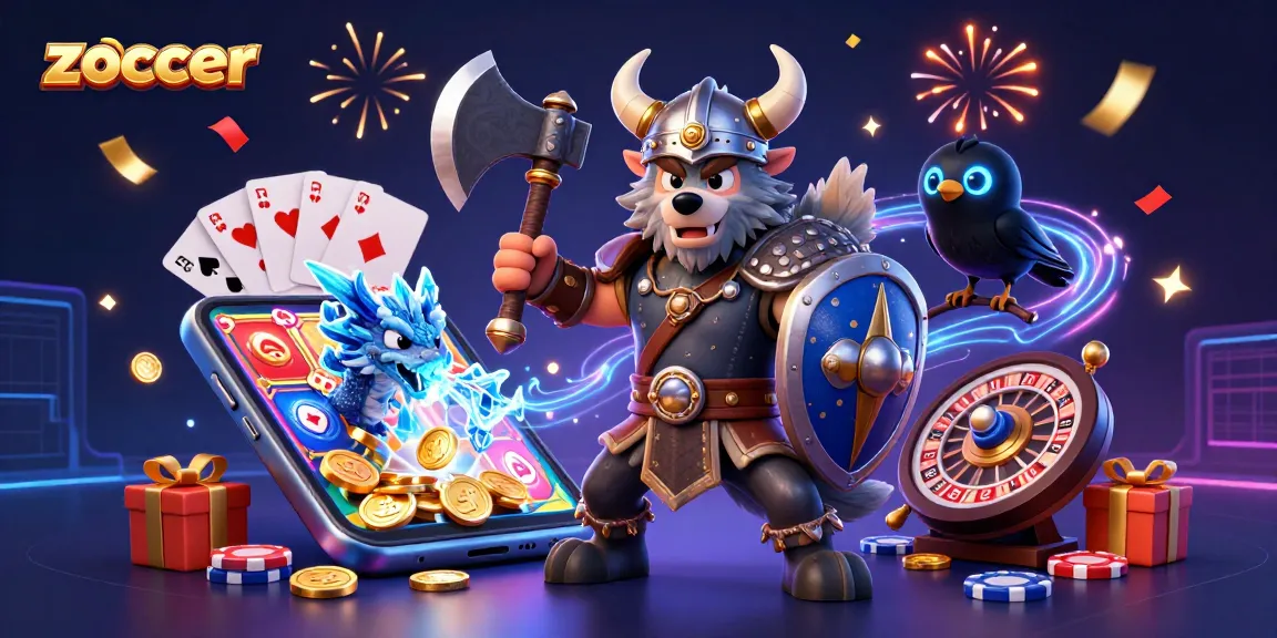 Zoccer brings the excitement of casino gaming to life with a Viking warrior, dragon, and casino elements.