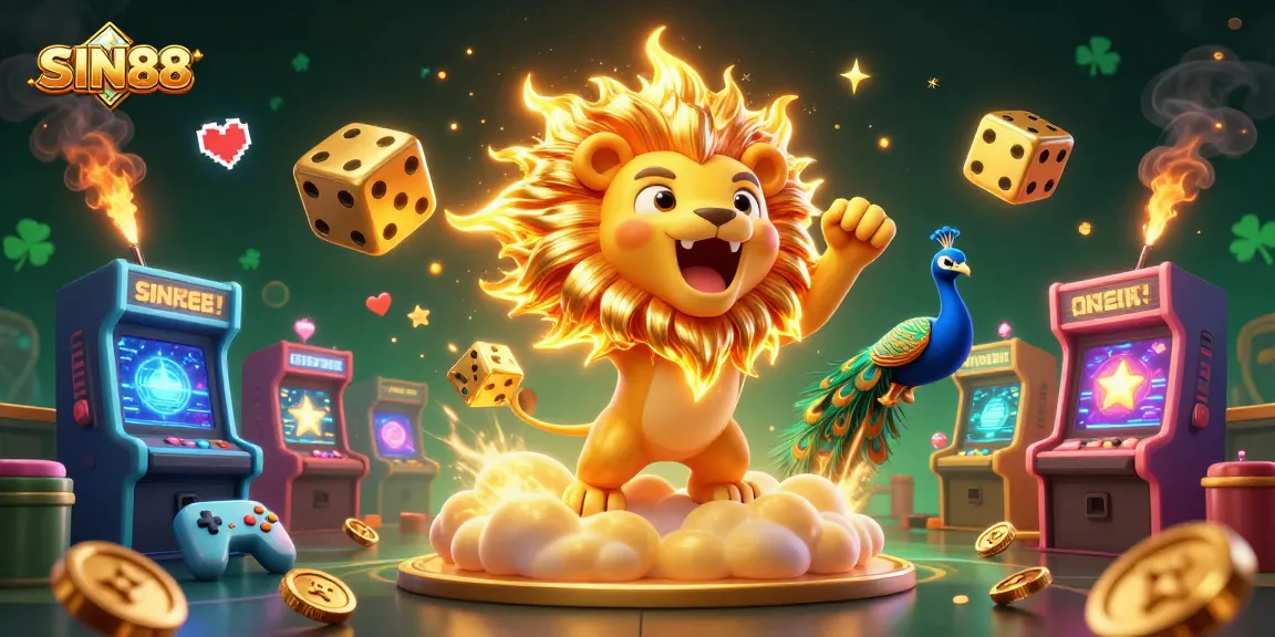 SIN88 features a vibrant casino scene with a roaring lion, golden dice, and a peacock amid dynamic gaming elements.