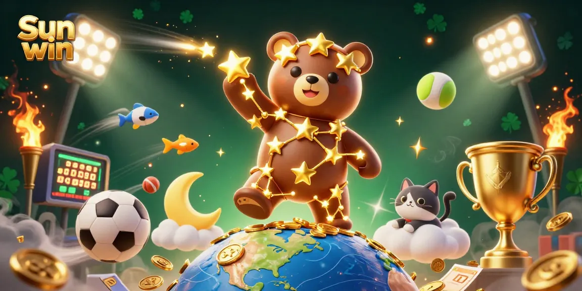 Win big with Sun win, featuring a constellation bear and sports elements in a dynamic casino scene.