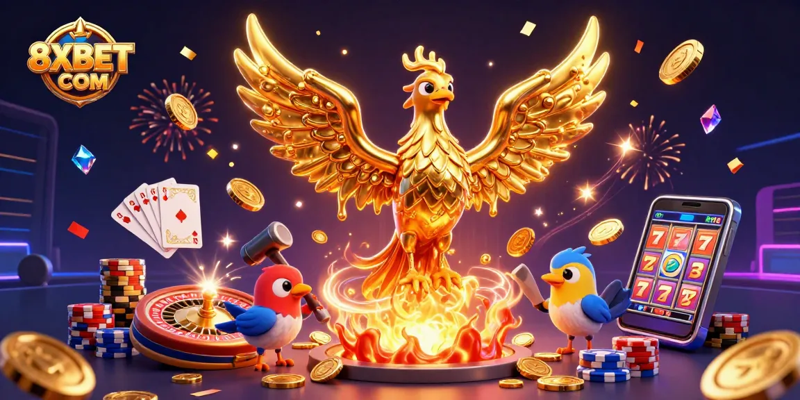 Experience excitement with 8XBET COM at a vibrant casino scene featuring a golden phoenix and dynamic gaming elements.
