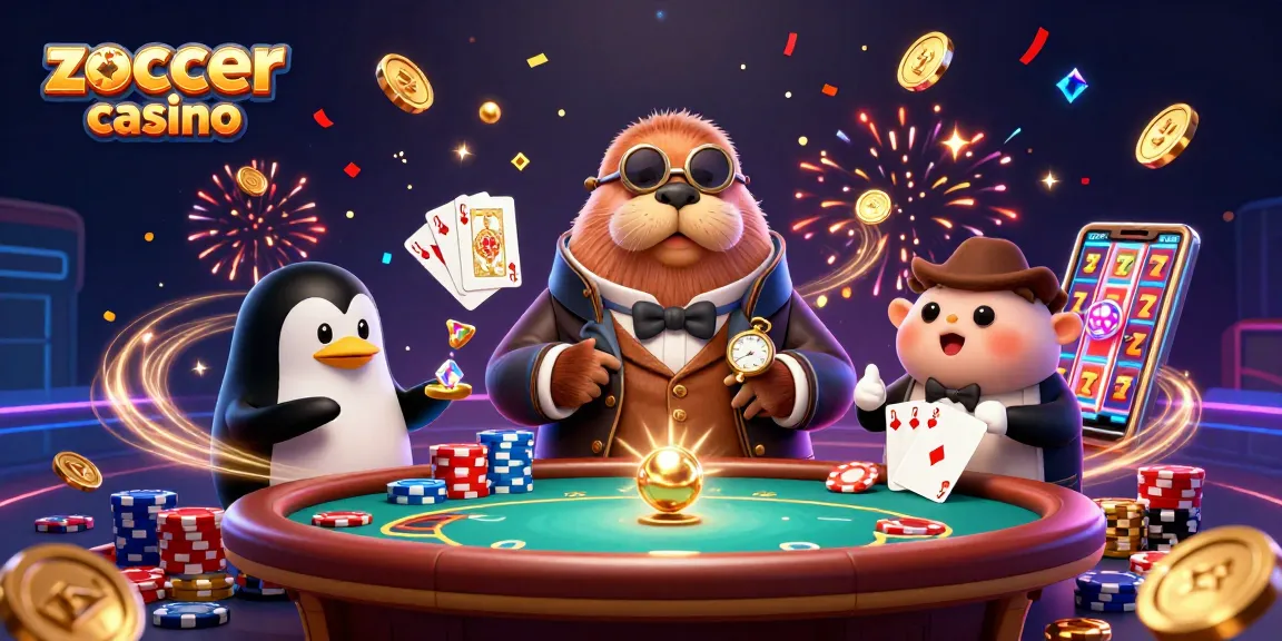 Zoccer casino showcases animated characters playing poker under the sea with vibrant casino elements.