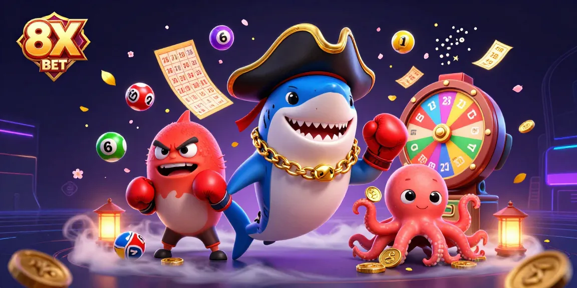 Experience the excitement of 8X BET with lively casino characters in action, featuring games and vibrant elements.