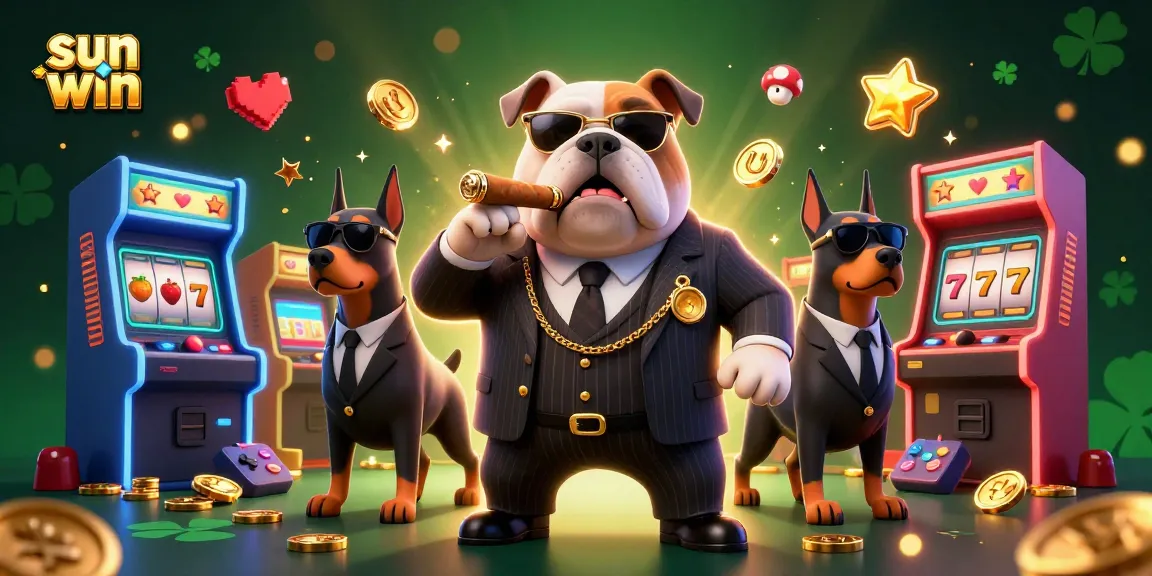 Engage with the sun win casino experience featuring a mafia boss and bodyguards amidst vibrant slots.