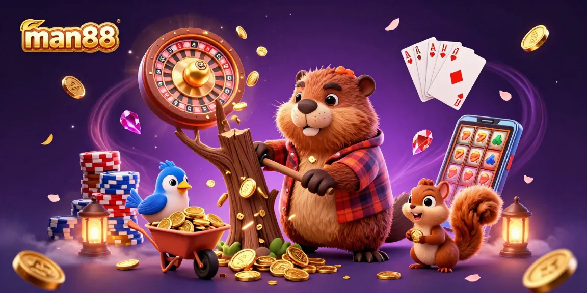 Experience winning moments with man88 as a beaver, bird, and squirrel collect coins in a vibrant casino scene.