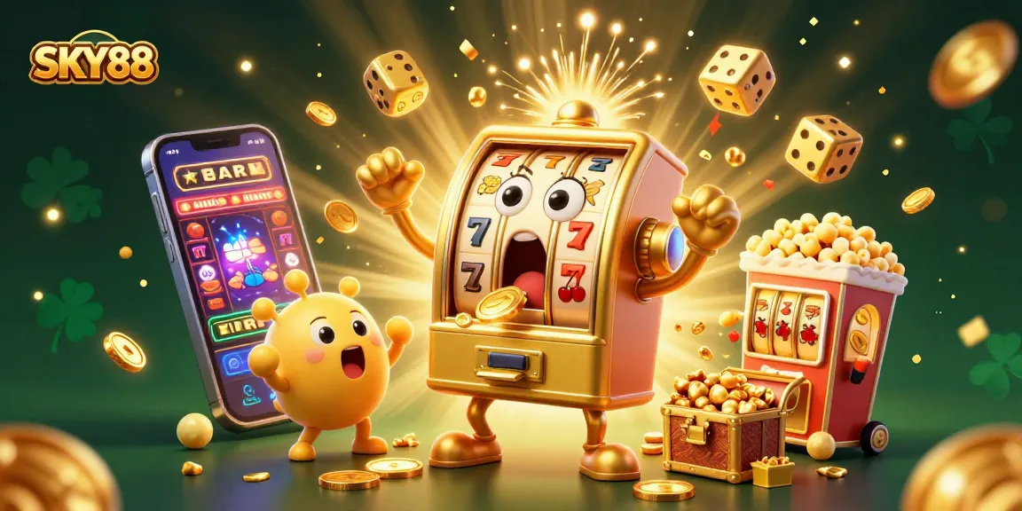 SKY88 slot machine hits jackpot in an exciting casino scene with cheering baby machines and gold coins.