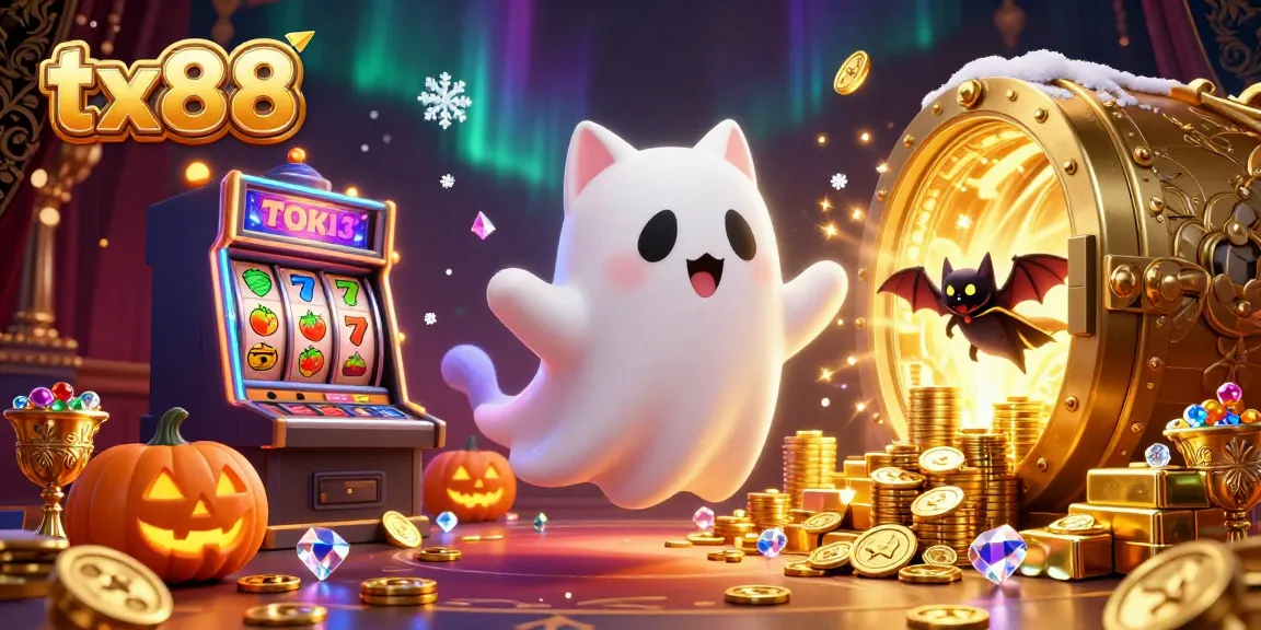 tx88 ghost cat and bat companions enjoy a haunted casino with glowing jack-o-lanterns