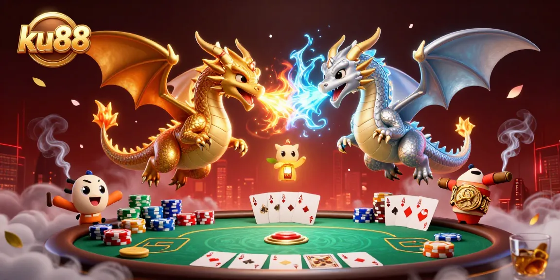 ku88 showcases an epic duel between cartoon dragons over a poker table filled with vibrant chips and cards.